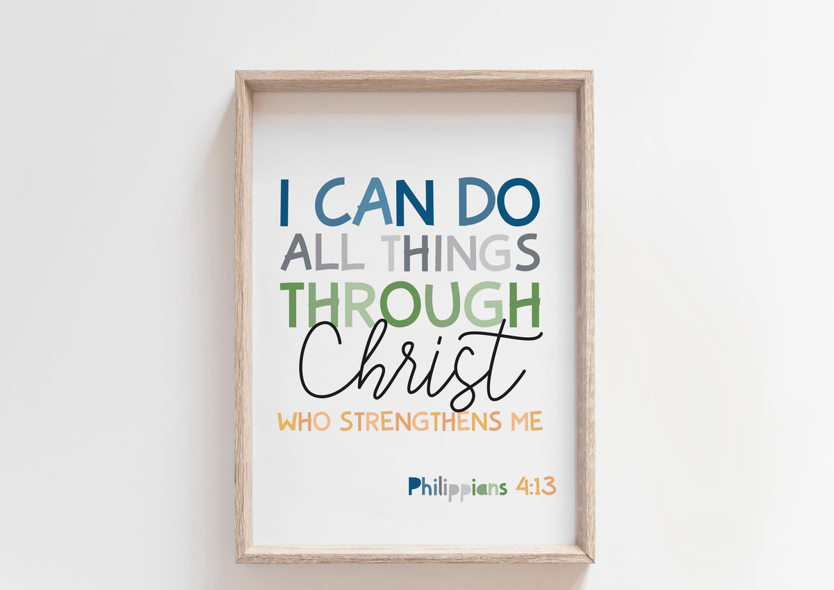 I can do all things through Christ who strengthens me print, Boys Christian Wall Art
